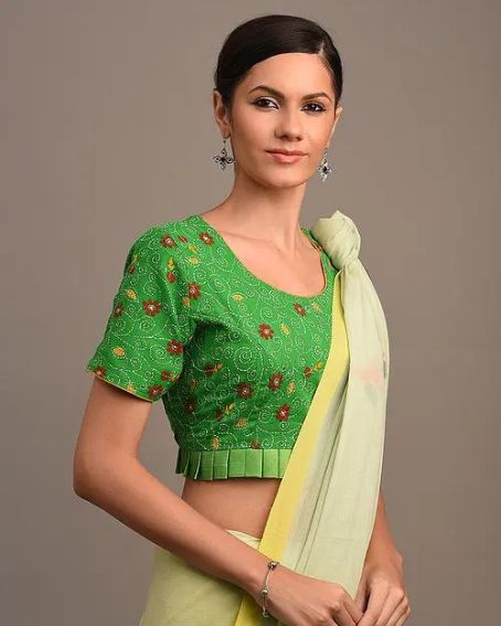 Green Frill Kantha Cotton Blouse With Cream Saree