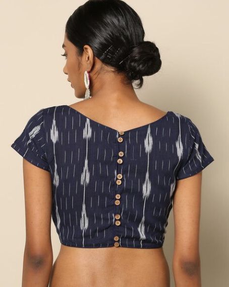 Handloom Ikat Cotton Blouse with a back open with wooden buttons