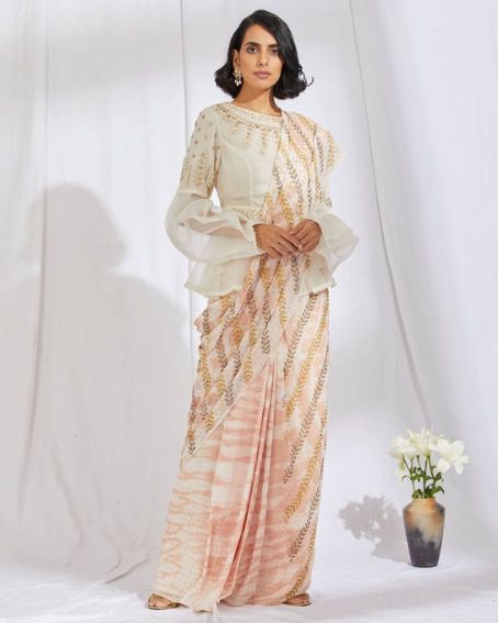 Ivory Peplum Blouse With A Dyed Saree in Silk Organza