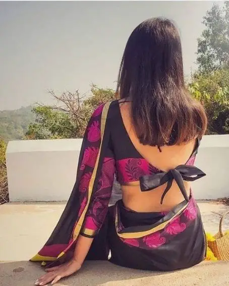 Knotted Back Saree Blouse Back Bow Design Black and Pink Color