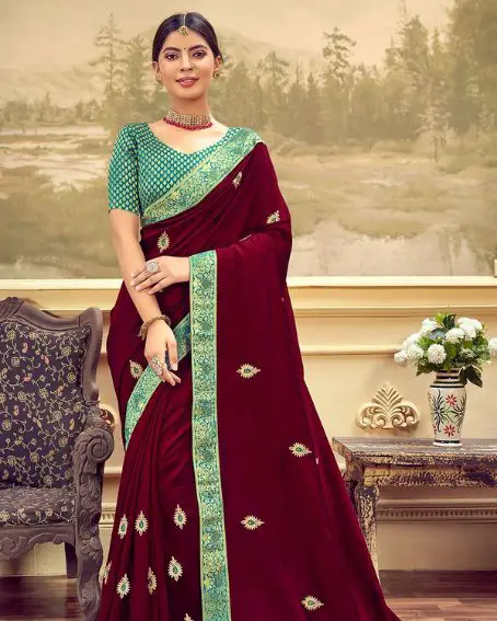 Maroon Saree With Contrast Green Brocade Blouse