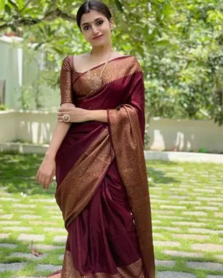 Maroon Stylish Jacquard Silk Saree with Contrast Gold Blouse