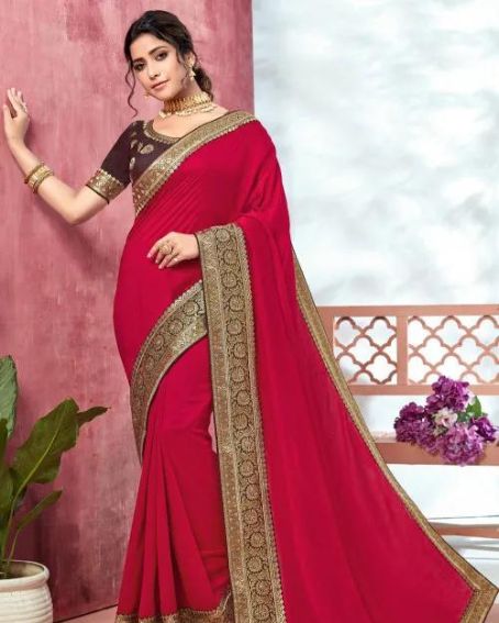 Maroon Woven Border Art Silk Saree with Brown Color Contrast Blouse