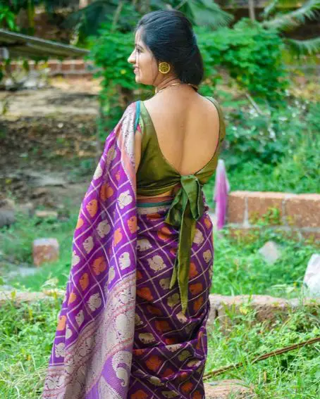 Mehndi Green Bow Blouse Design With Purple Saree