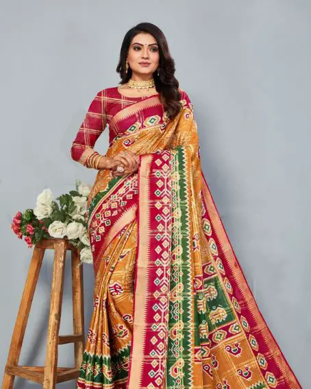 Mustard Yellow And Pink Color Cotton Saree With Patola Printed Work