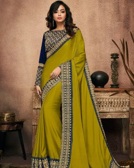 Mustard Yellow Embroidered Silk Saree With Navy Blue Blouse