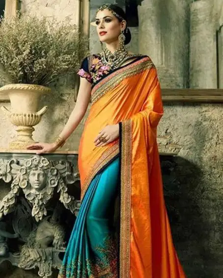 Orange And Sky Blue Silk Saree With Banglori Silk Asymmetric Blouse
