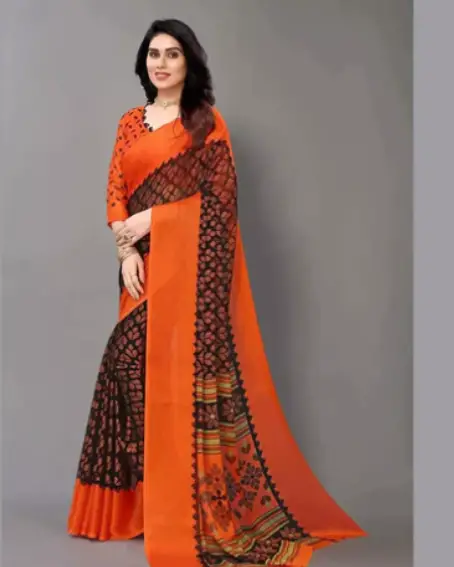Orange Color Full Sleeve Designer Blouse with Silk Saree
