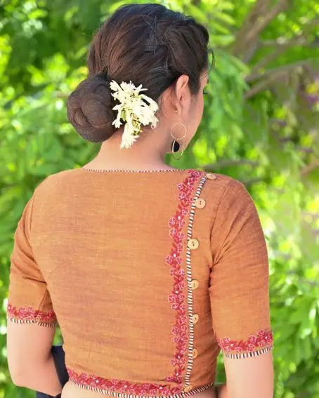 Orange Cotton Blouse With Red Embroidery And Buttons At The Back