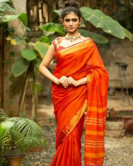 Orange Naranyanpet Handloom Cotton Saree With Zari Border