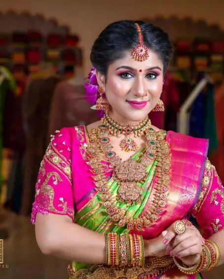 Parrot Green Bridal Silk Saree With Pink Blouse Design