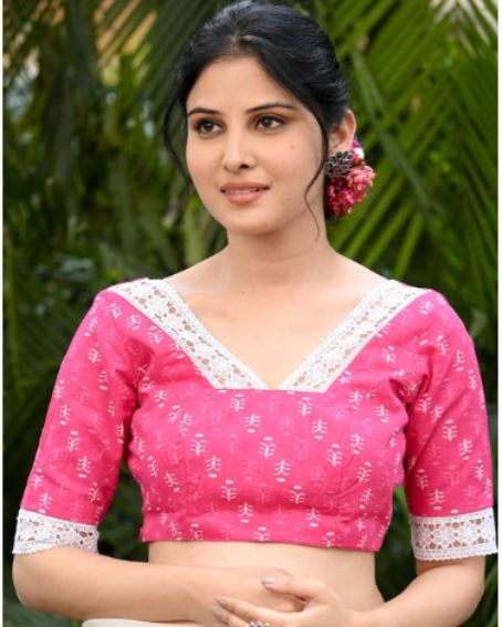 Pink And White Printed Laced Blouse Laced Organic Cotton Saree Blouse