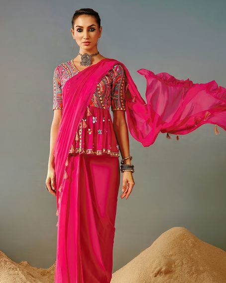 Pink Blended Georgette Pre-draped Saree With Peplum Blouse