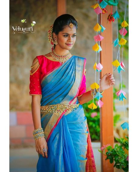 Pink Cold Shoulder With Blue Color Saree Combination