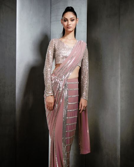 Pink Tulle Pre-draped Embroidered Saree with Full Sleeve Blouse