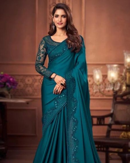 Prussian Blue Soft Silk Wedding Wear Saree With Thread Work Blouse