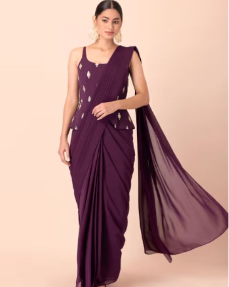 Purple Mirror Embroidered Peplum Saree with Stitched Blouse