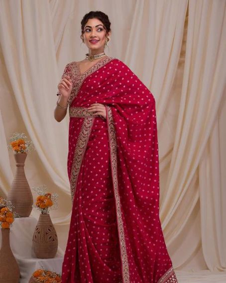 Rani Pink Zari & Sequins Thread Work Blouse Raw Silk Saree