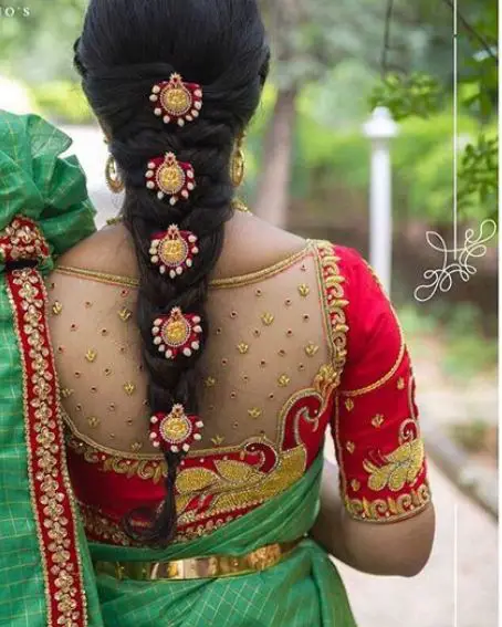 Red Color Silk Wedding Peacock Blouse Design With Green Saree