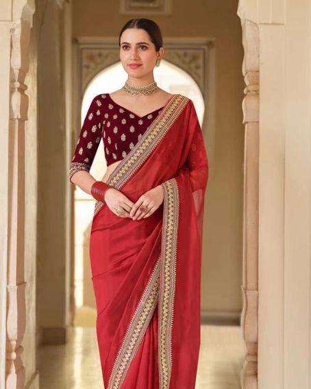 Red Color Velvet Designer Fancy Party Wear Saree With Thread Work Blouse