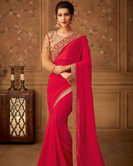 Red Georgette Saree With Embroidered Thread Work Blouse