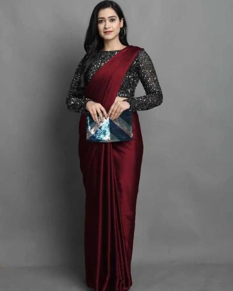 Red Maroon Pure Mercerised Japan Satin Silk Saree with Contrast Sequence Blouse