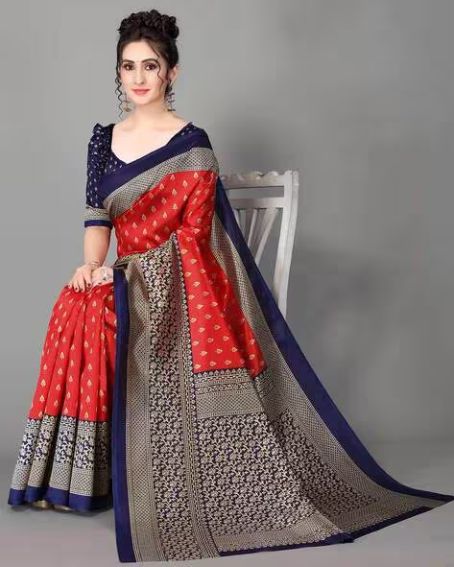 Red Mysore Silk Saree With Navy Blue Blouse Piece