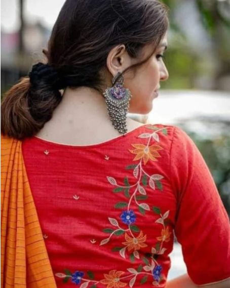 Red With Floral Thread Work Embroidery Boat Neck Blouse