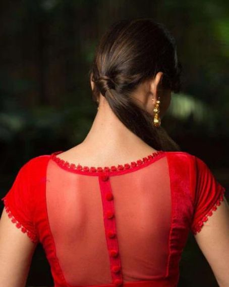 Red velvet sheer back blouse