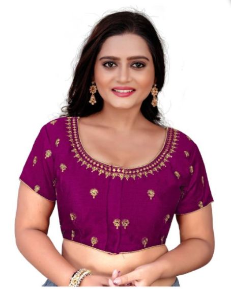 Round Neck Cotton Silk Sequence Embroidery Stitched Blouse