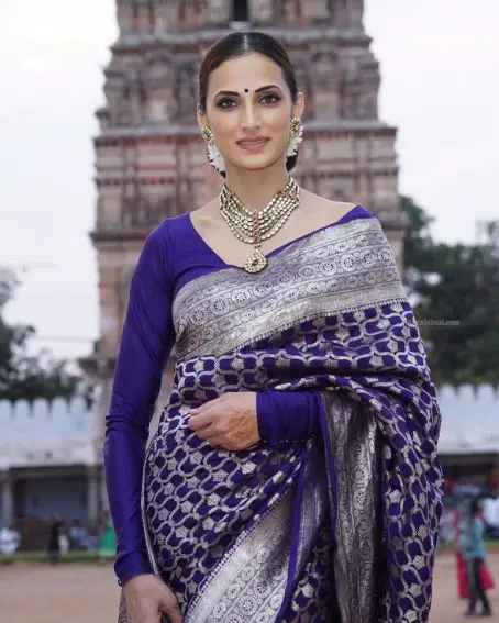 Royal Blue Color Saree Designs Party Wear with Full Sleeve Blouse