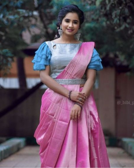 Sky blue Color Frill Designer Blouse With Pink Saree
