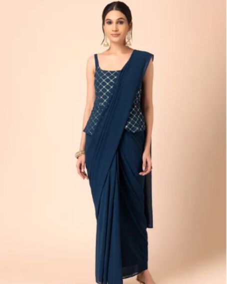 Teal Blue Pre-stitched Saree With Attached Sequin Peplum Blouse
