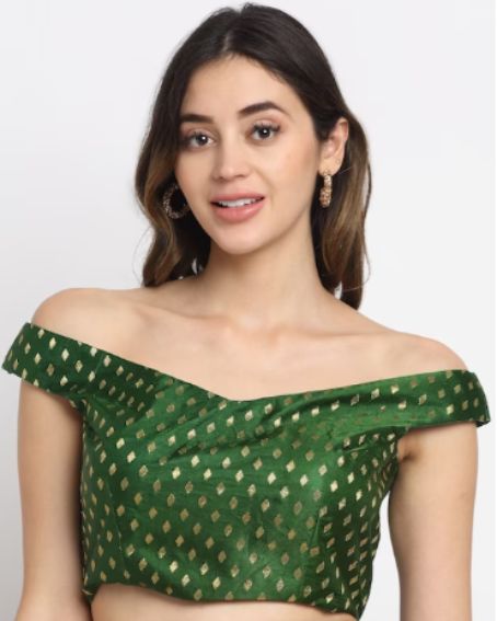 Women Green Silk Off-Shoulder with Diamond Shape Gold Design