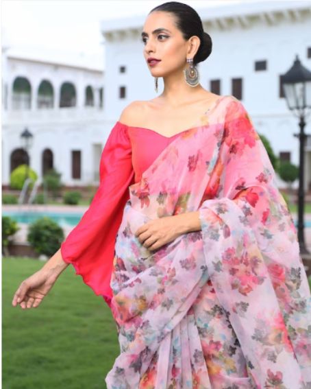 Women Pink Solid Off-Shoulder Blouse Design with Floral Design Saree