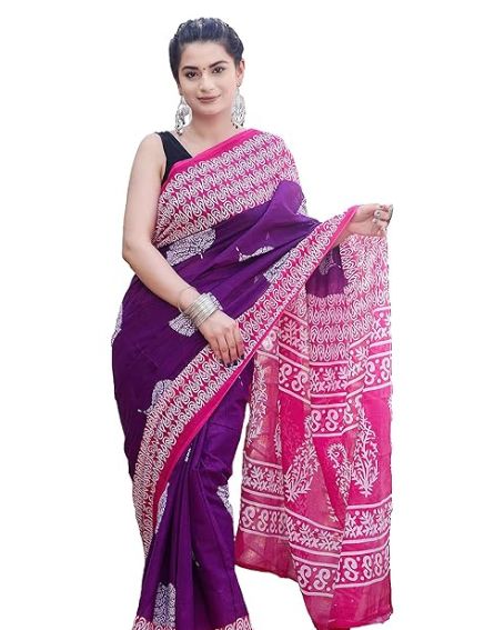 Women's Pure Cotton Mulmul Printed Saree With Unstitched Blouse Piece, Purple