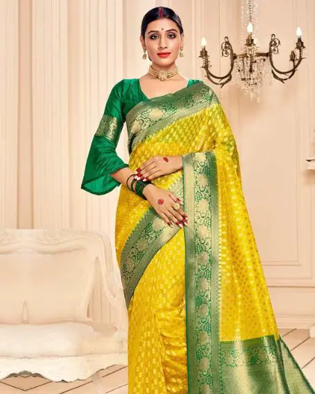 Yellow Banarasi Silk Saree With Green Blouse