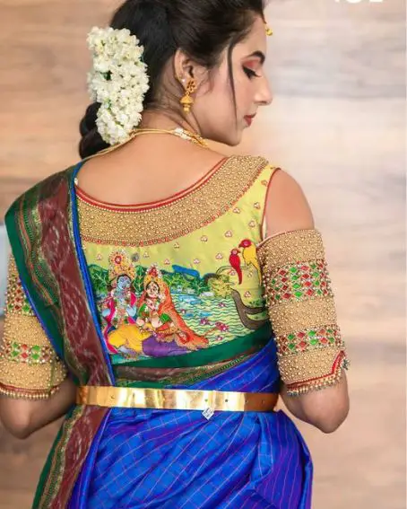 Yellow Embroidered Blouse With Blue Saree For Bride