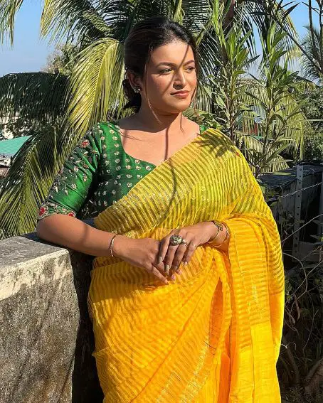 Yellow Fancy Saree With Green Embroidery Blouse