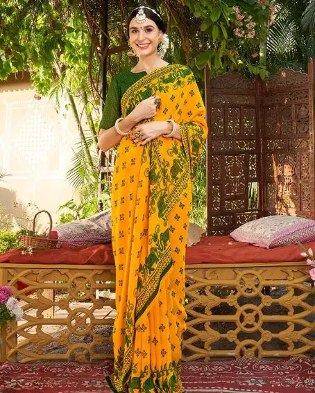 Yellow & Green Ethnic Motifs Printed Art Silk Saree