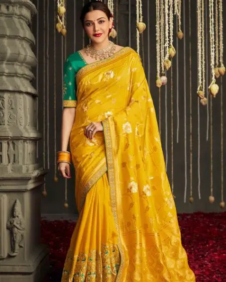 Yellow Saree With Green Embroidered Details