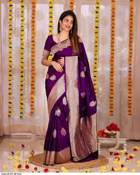 Purple Pooja Soft Lichi Silk Saree With Weaving Blouse Piece