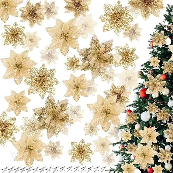 Christmas Flowers Glitter Poinsettia Flower, 3, 4, 6 Inch Artificial Flowers for Decoration with Clips for Christmas